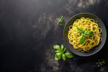 Spaghetti with cheese in a black plate with space to insert text. View from above. High quality photoの素材