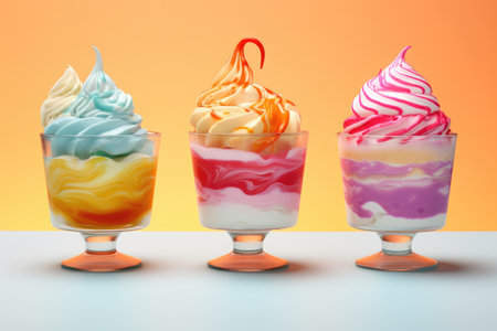 A delicious display of tempting vegan desserts including colorful gelato, creme brulee, and artfully presented meringue. Indulge in these delightful vegan treats.の素材