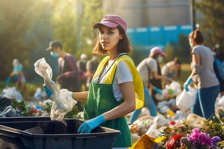 A group of people collect garbage in the park and distribute it into containers. The concept of caring for the planet. High quality photoの素材