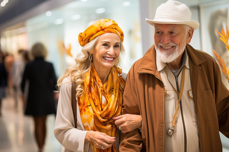 Portrait of a happy elderly couple at an exhibition of paintings in a gallery. High quality photoの素材