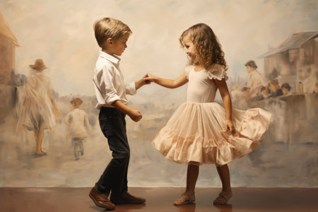 A pair of children participating in a dynamic dance class, engaging in physical activity and expressing themselves through movement, contributes to their physical and mental well-being.の素材