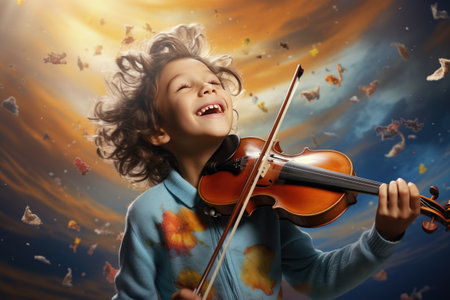 A joyful and expressive child is happily playing the violin in a stunning, serene natural setting, surrounded by lush greenery and beautiful scenery, radiating a sense of joy and tranquility.の素材