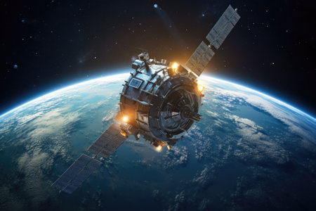 Illustration of a space satellite orbiting the Earth, surrounded by stars in the solar system, conveying the concept of universe exploration, space discovery, and scientific research in the cosmos.の素材