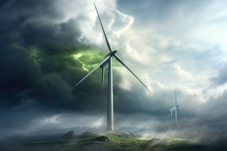 A lone wind turbine stands tall and strong in the midst of stormy weather, symbolizing the resilience and sustainability of green energy in adverse conditions.の素材