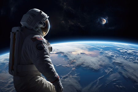 An awe-inspiring image of an astronaut gazing at the breathtaking view of the Earth from the boundless expanse of space, highlighting the beauty and serenity of our planet as seen from outer space.の素材