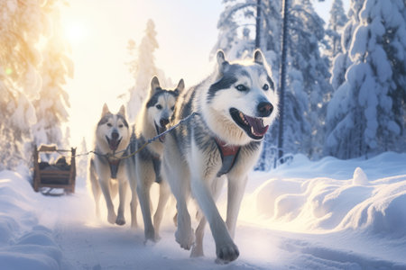 A spectacular winter scene in which a group of dogs pull a sled across a snow-covered landscape. The expedition captures the magic of winter nature and the thrill of dog sledding adventures.の素材