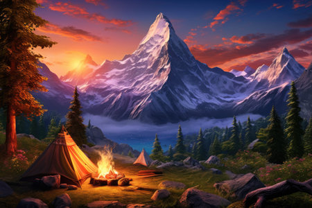 A picturesque scene of a tourist tent and a campfire set in front of a stunning mountain sunset. The warm glow of the fire contrasts beautifully with the serene backdrop of the majestic mountains.の素材
