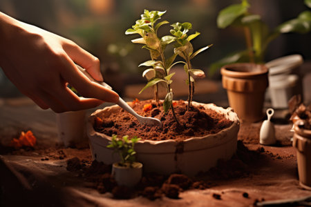 Man carefully transfers bright green plants from one soil to another, renewing and caring for the garden with love and care.の素材