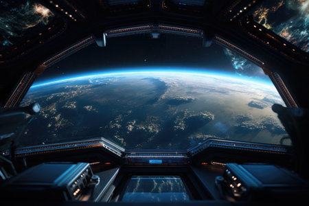 Gorgeous and awe-inspiring view of Earth from a spaceship traveling through the cosmos, showcasing the planet's stunning curvature and vivid blue oceans.の素材