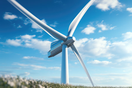 An elegant wind turbine spins gracefully against a clear blue sky in a renewable energy farm, showing sustainable and eco-friendly power generation.の素材