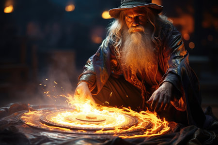 With a powerful spell, the wizard summons a fire spirit from other worldsの素材
