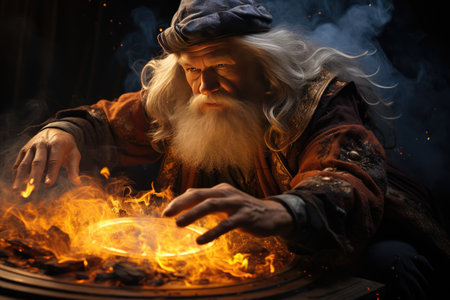 With the help of a magic ritual and magical pronunciation, the wizard summons the spirit of fire.の素材