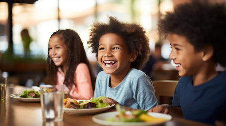 Children with smiles on their faces actively eating lunch while enjoying healthy and nutritious foodの素材