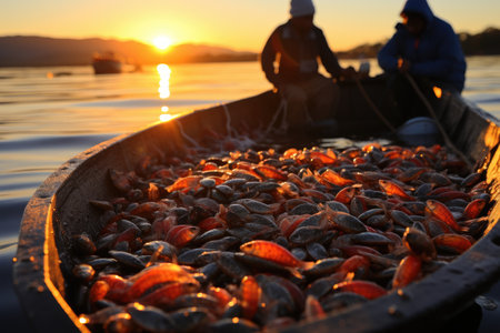 A wooden fishing boat filled with a variety of freshly caught fish, ready to be sold at the local market, showcases bright colors and coastal bounty.の素材