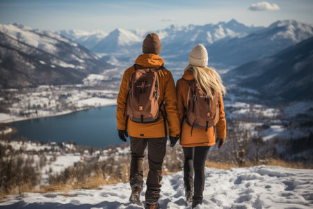Couple in love enjoying winter beauty at delightful ski resort.の素材
