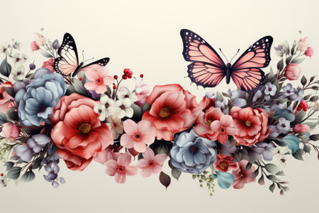 The bright and colorful greeting card design with lots of beautiful flowers and butterflies is perfect for greetings and gifts to loved ones.の素材