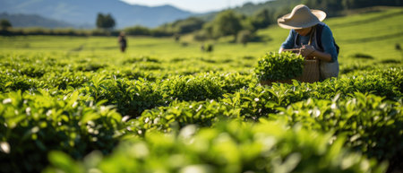 Tea harvesters seen in action, collecting tea leaves on a lush, green tea plantation against a stunning backdrop of the rolling hills and the beautiful tea gardens.の素材