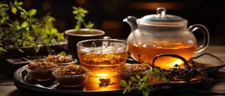 The magic of the tea idyll unfolds with a mug, a glass teapot and a wooden tray against the backdrop of a peaceful atmosphere.の素材
