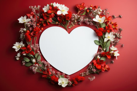 Valentine's Day Greeting Card with Heart Shape Insert and Flowers on Red Background.の素材
