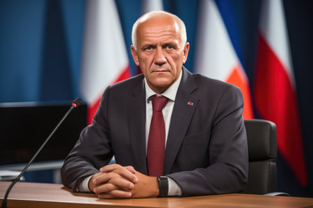 A confident, authoritative man, a professional leader of the country. His expressive gaze and important facial expression reflect authority, determination, and dedication to duty. It represents stability, wisdom, and caring for the nation, embodying the ideals of leadership and public service.の素材