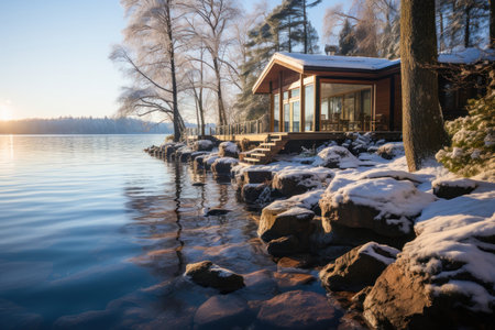 At the foot of the snow-covered beauty of the river, a cool, cozy house with a terrace is the perfect refuge for solitude and enjoyment of winter nature.の素材