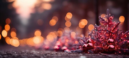 Background with Christmas trees, Christmas balls and blurred bokeh creates a festive atmosphere.の素材