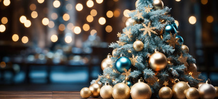 New Year's Eve Look with Blue Christmas Tree and Shimmering Golden Ballsの素材