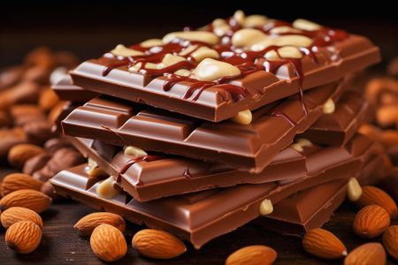 Stack of chocolate bars with almonds.の素材