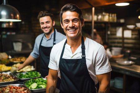 Two happy chefs in aprons smiling at the camera.の素材