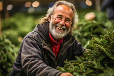 A man full of joy carefully chooses the perfect Christmas tree at a lively holiday market surrounded by a cheerful holiday atmosphere and many colorful decorations.の素材