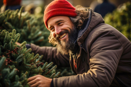 A joyful man in winter clothes carefully chooses the perfect Christmas tree in a bright and festive open-air Christmas tree market filled with different options and festive mood..の素材