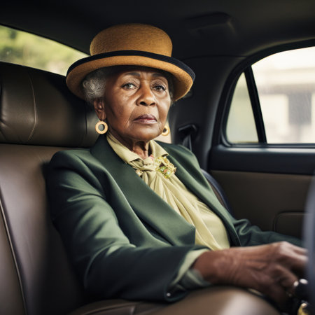 A sophisticated African American woman sitting in a car dealership admires the elegant interior of a luxury car filled with elegance and modern design that represents aspiration and success.の素材
