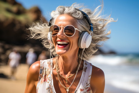 Happy woman with smile enjoying sea beauty while listening to music in headphones on the beach in the rays of the sunの素材