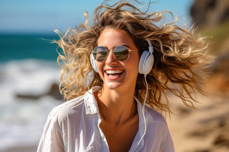 Happy girl with smile enjoying sea beauty while listening to music in headphones on the beach in the rays of the sunの素材