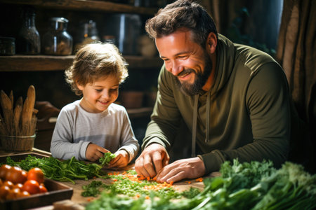 Father-daughter cooperation: father and daughter participate in the preparation of dinner, exchanging warmth, skill and creating the comfort of homeの素材