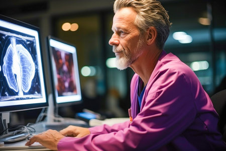 Doctor in purple uniform looking at patient picture on monitor.の素材