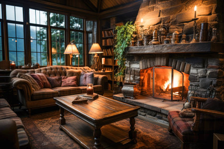 The space of a cozy room with a sofa and an armchair in front of the fireplace.の素材