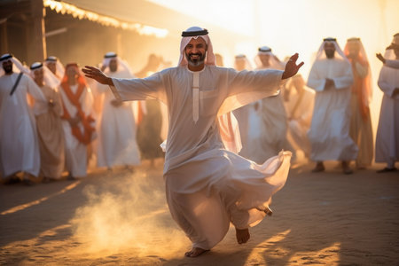 At the Al Hosn Festival, the traditional male dance Al Ayalah becomes a solemn reflection of cultural heritage, charging the space with powerful emotions and authentic energy.の素材