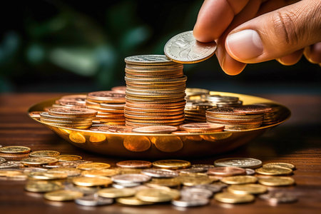 A close-up of coins on the table embodies the idea of wealth and prosperity, symbolizing reliability and the accumulation of financial resources, as well as giving the opportunity to focus on financial goals and achievements.の素材