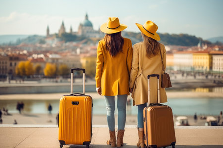 Two girls with suitcases look at the views of the city's attractions with a smile, immersing themselves in the atmosphere of adventure and discovering new faces of the journeyの素材
