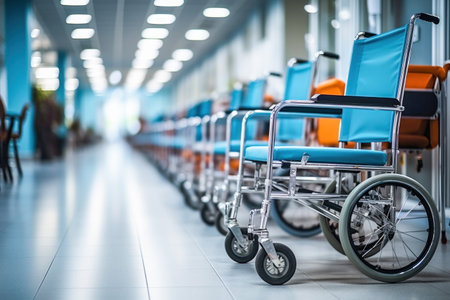 A wheelchair in the corridor of a clinic or sanatorium is a symbol of comfort and care for patients, providing convenience and safety during transportation and movement.の素材