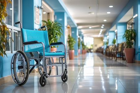 A wheelchair in the corridor of a clinic or sanatorium is a symbol of comfort and care for patients, providing convenience and safety during transportation and movement.の素材