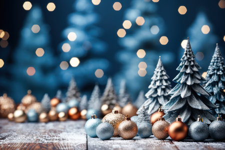 In the dark forest, lights glow, surrounding the Christmas trees, creating a magical night landscape of fabulous beauty and mysteryの素材