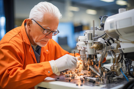 Masterfully operating the machine, the man creates amazing products from small parts, demonstrating professionalism and precision in work.の素材