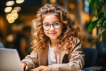 With a smile, a girl in glasses looks at the camera, demonstrating concentration and enthusiasm for working on a laptop.の素材