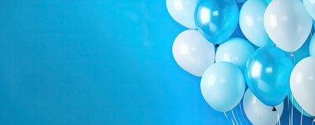 A bright blue sky banner with a row of colorful balloons, adding a festive and joyful touch to the atmosphere, perfect for holiday and happiness concepts.の素材