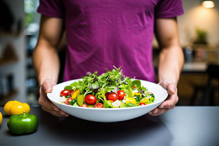 A muscular man stands in a gym with a transparent bowl filled with a variety of fresh colorful vegetables, demonstrating healthy eating habits and dedication to fitness and health.の素材