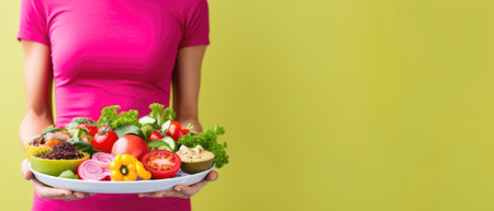 Photo of sporty girl with vegetables on olive background, healthy lifestyle.の素材