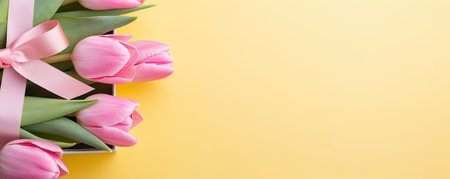 Bright and lively spring tulip banner with bright assortment of flowers on cheerful yellow background. Perfect for spring themes and celebrationsの素材