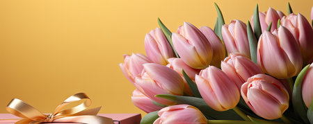A bright spring banner with tulips on a bright yellow background is perfect for seasonal design and advertisingの素材